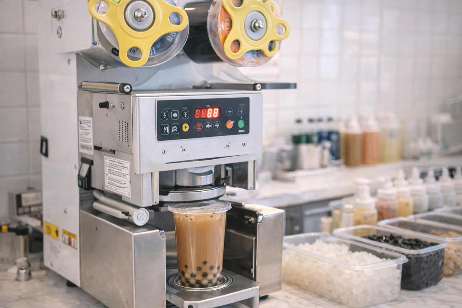 Bubble tea cup sealing machine sealing a plastic cup with tapioca pearl milk tea