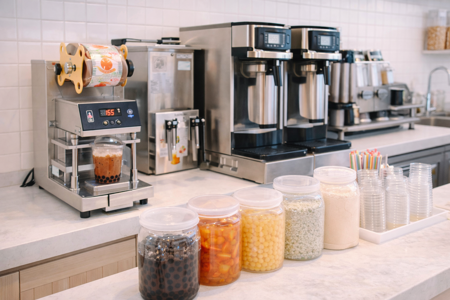 Bubble tea shop preparation station with sealing machine tea brewers and drink ingredients