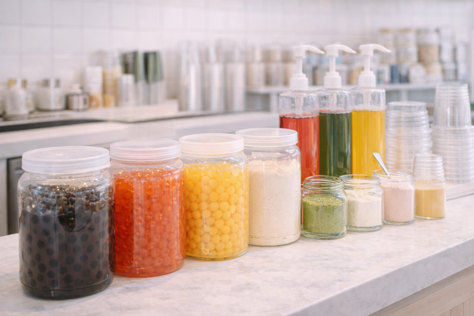 Bubble tea shop ingredients including popping boba tapioca pearls syrups and drink powders on a preparation counter