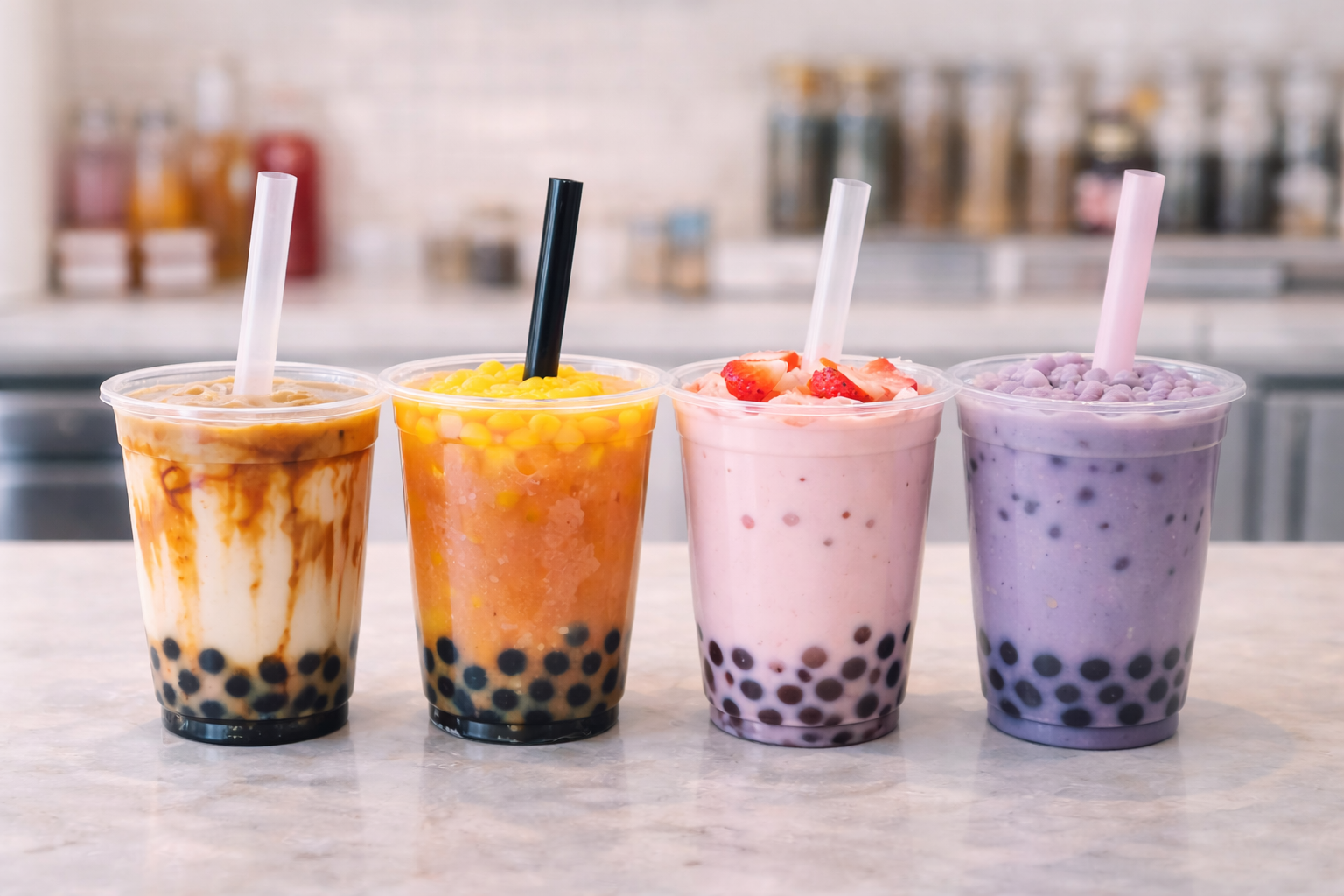 Selection of popular bubble tea drinks including milk tea fruit tea and taro bubble tea