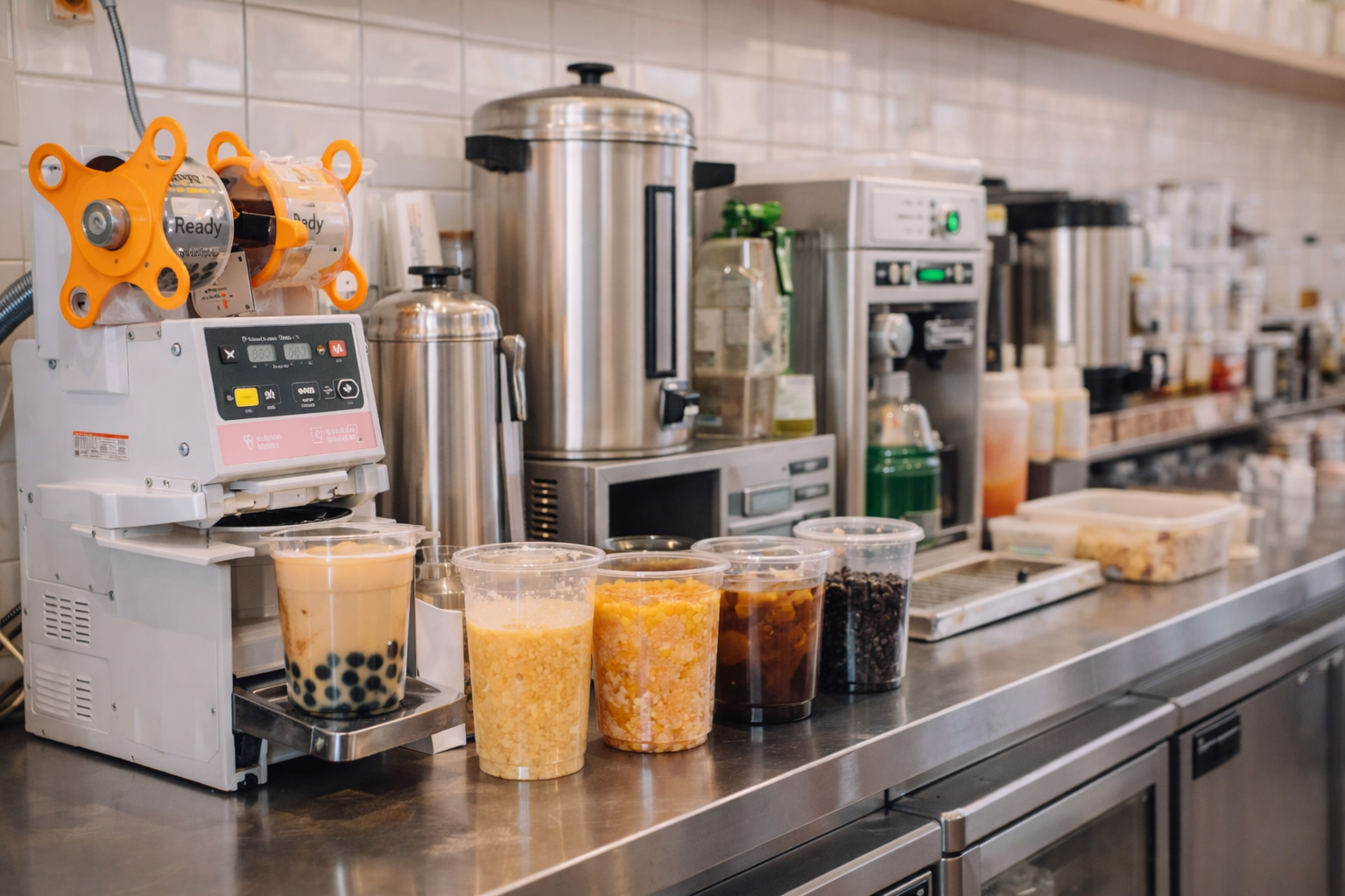 Bubble tea shop preparation station with sealing machine, tea brewer and drink ingredients