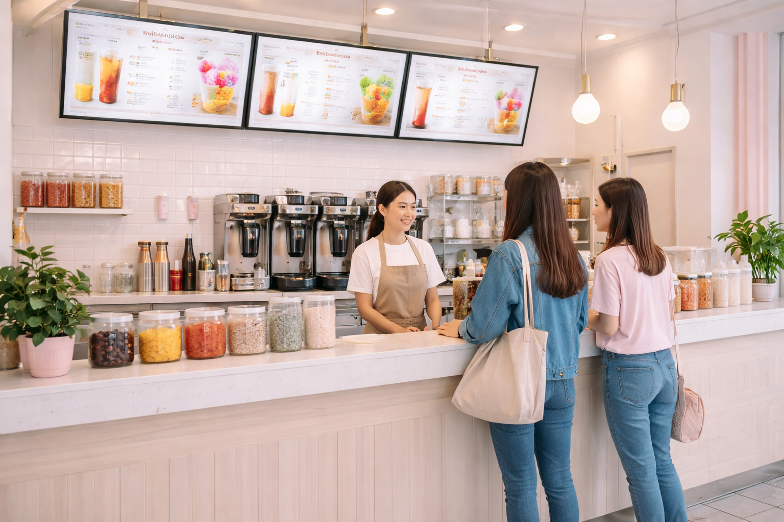 Modern bubble tea shop interior with customers ordering drinks at the counter