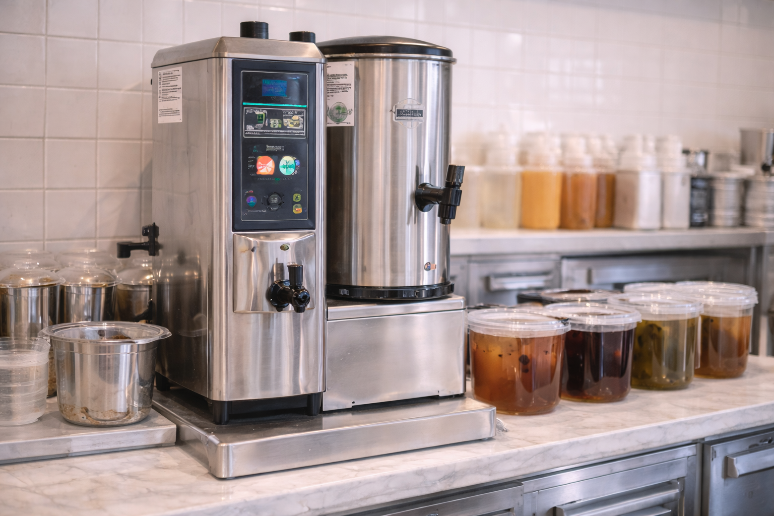 Commercial tea brewing equipment used in a bubble tea shop preparation area