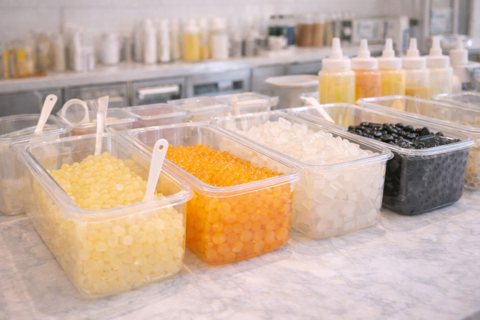Bubble tea toppings including popping boba coconut jelly grass jelly and other customisation options on a preparation counter